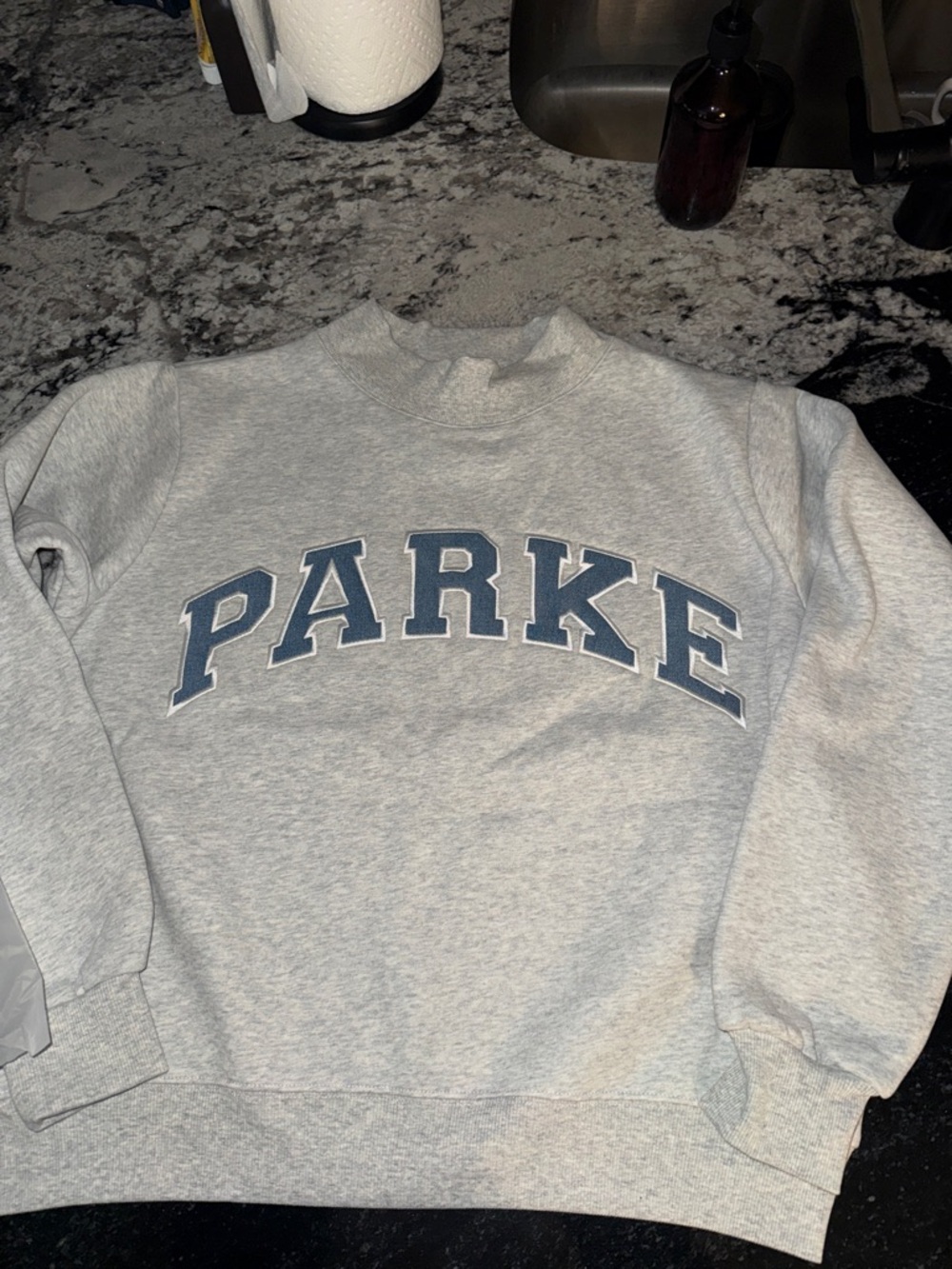 PARKE Light Gray Crew Sweatshirt with DENIM Arch Logo 💙 rare size!! S/M